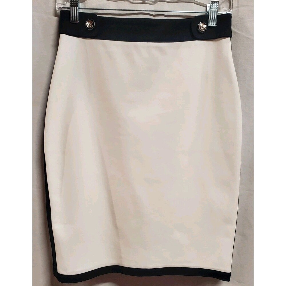 White House Back Market ivory black contrast-trim stretch pencil skirt 0